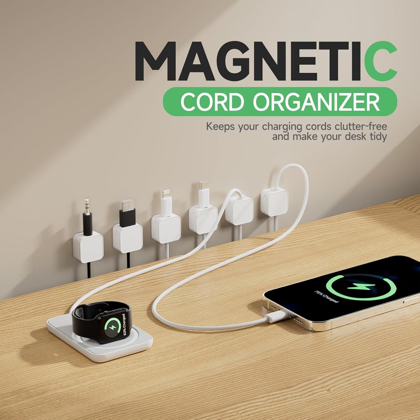 9 White Magnetic Cable Clips,Under Desk Cable Management,Cord Holder for Nightstand Home Office Car Phone Wall,2025 Adhesive Cord Organizer[0.45" in Ht Save Space/Versatile for Wire Up to 0.27" OD]