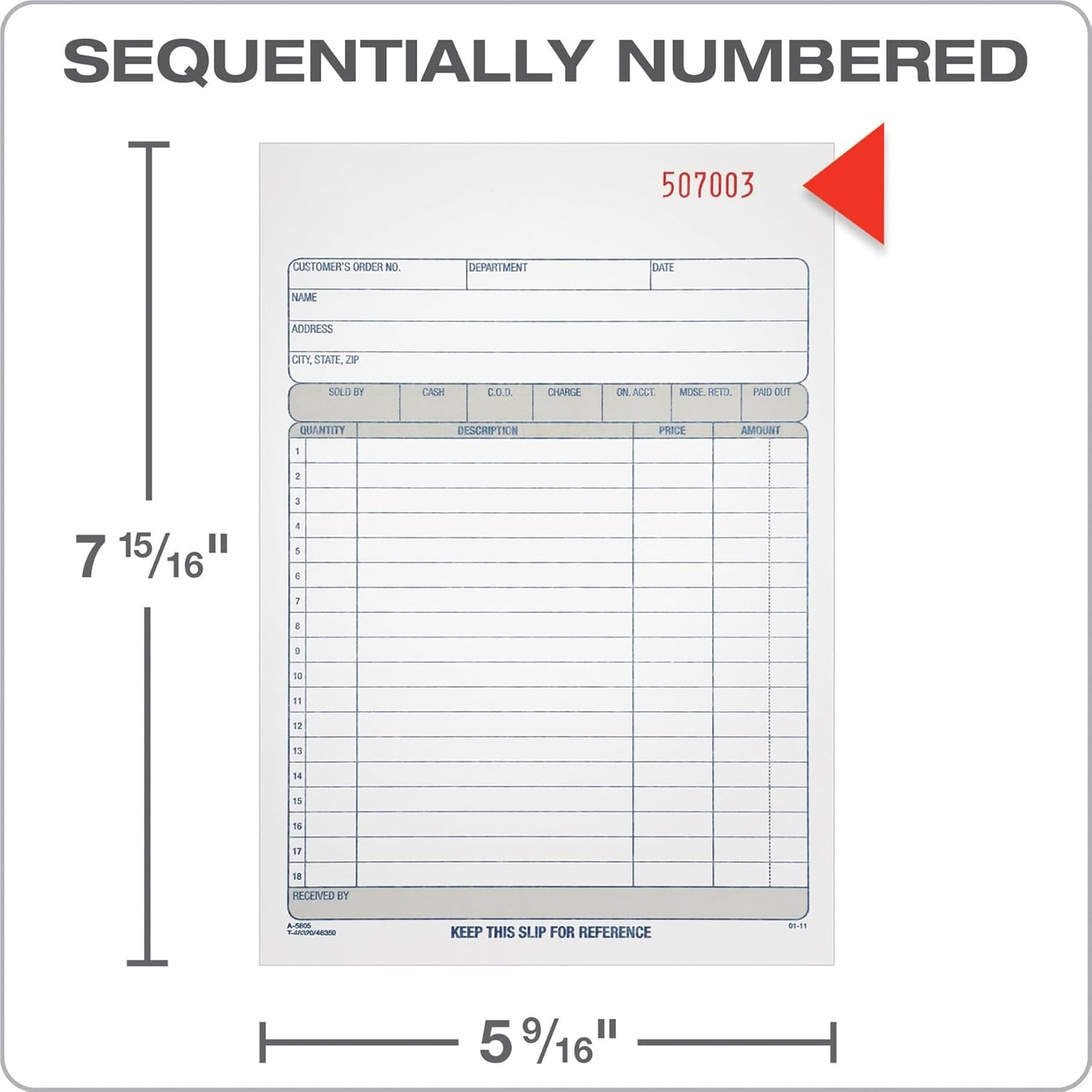 Adams Sales Order Book, 3-Part Carbonless, White/Canary/Pink, 5-9/16" x 8-7/16", 50 Sets (TC5805)