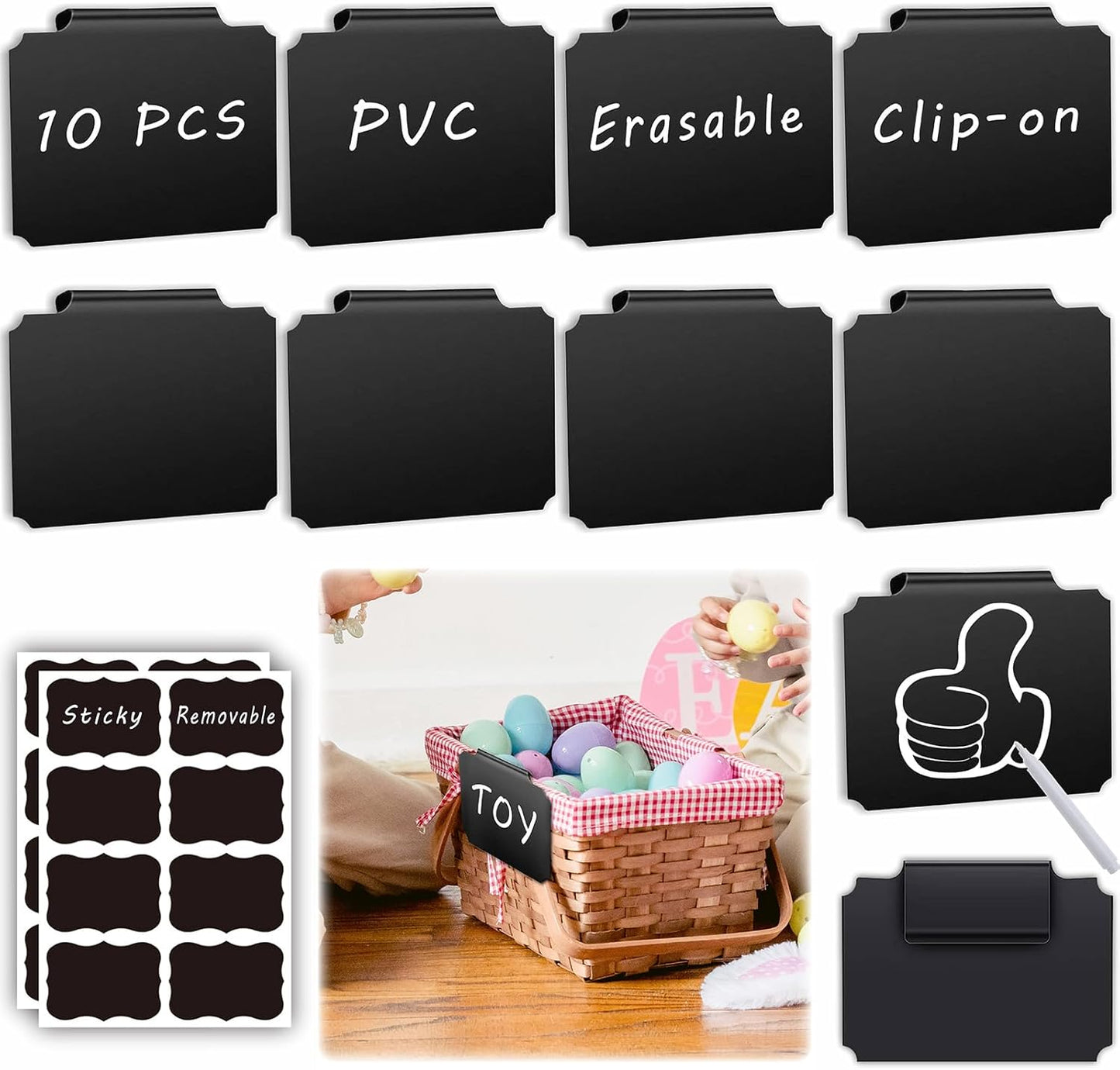 27-Piece Set of Basket Labels Clip On for Storage Bins: 10 Erasable Plastic Kitchen Pantry Labels, 16 Removable PVC Tag Stickers, 1 White Chalk Marker, for Organization Container, Jar, Shelf, Laundry