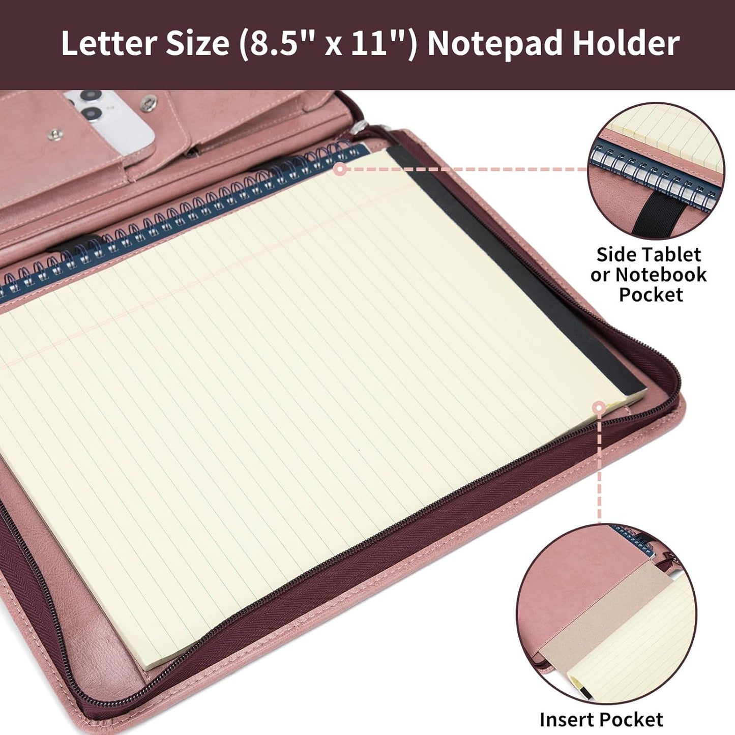 Personalized Vegan Leather Portfolio with Hidden Handle, Zippered Front Pocket, 8.5 x 11 Notebook Holder, Custom Business Legal Padfolio Travel Folio for Women, Pink