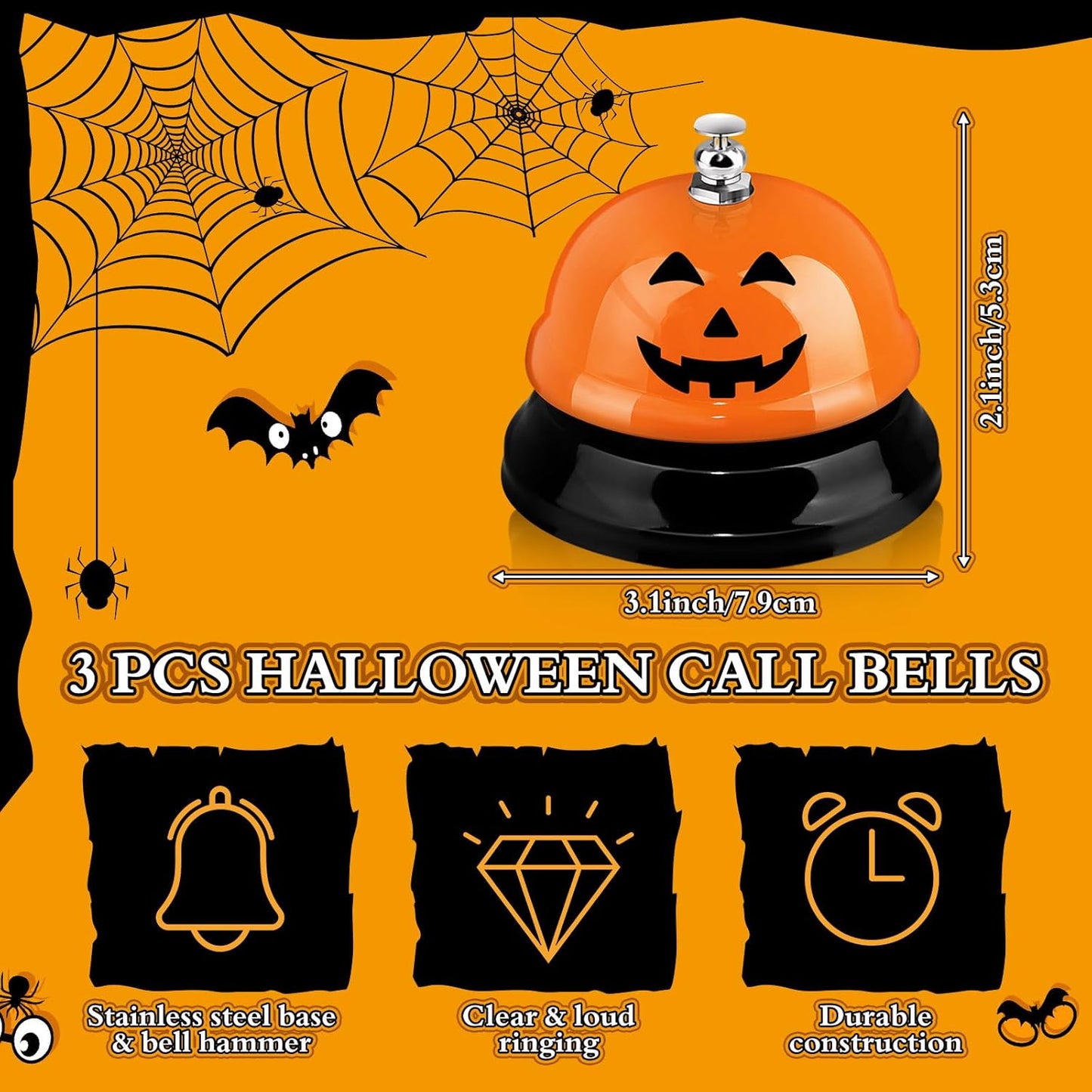 Hotop 3 Pcs Desk Bell for Service Funny Front Desk Smile Face Metal Ringer Call Bell for Kitchen Hotel Restaurant Classroom(Pumpkin, Ghost, Bat,Orange, Black, White)