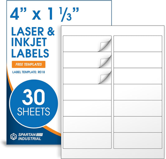 4" X 1 1/3" Matte White Printable Labels Compatible with Inkjet and Laser Printers - 30 Sheets, 420 Total Paper Stickers for Addresses, Mailing, and Barcodes - Spartan Industrial