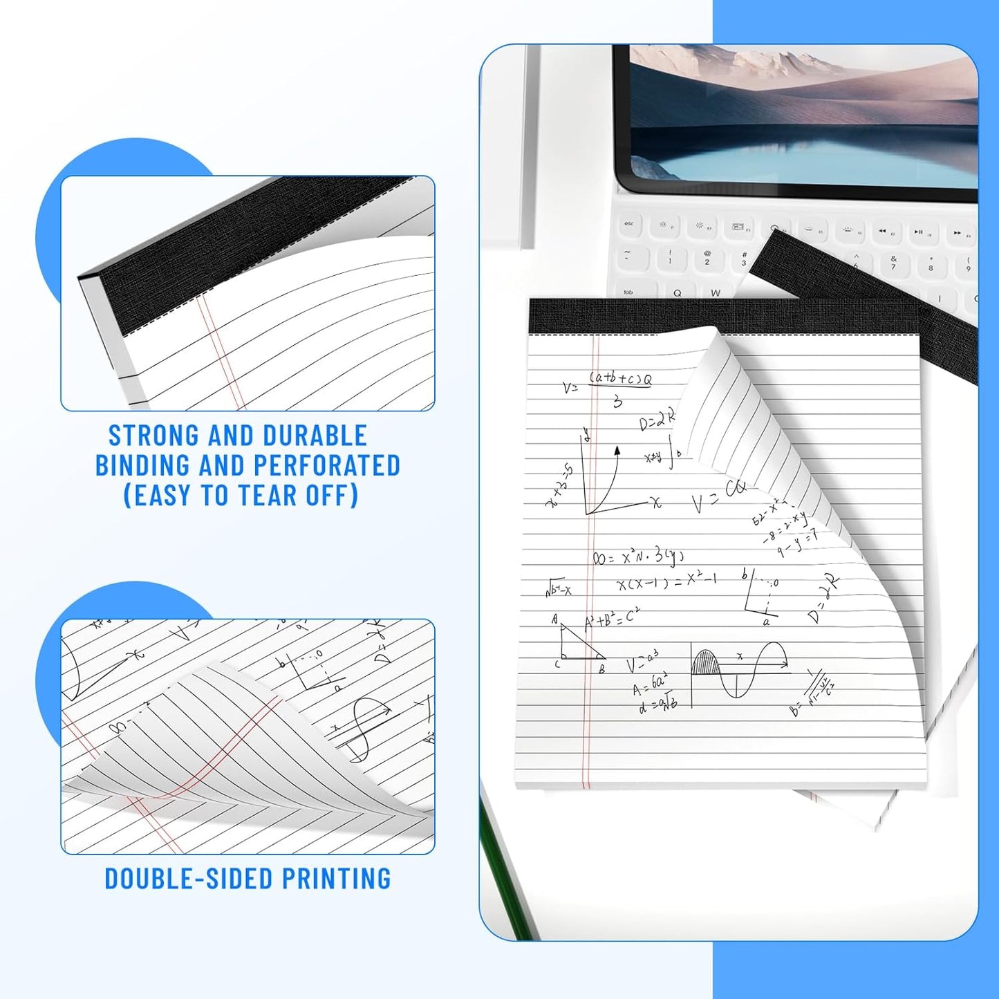 3pcs Legal Pads 8.5 x 11, Notepads 8.5 x 11 Inch, White Note Pads Clear Print Writing Pads of Paper, Memo Pads , Perforate Legal Notepads Paper , Wide Ruled Lined with Sturdy Back,30 Sheets/Pack