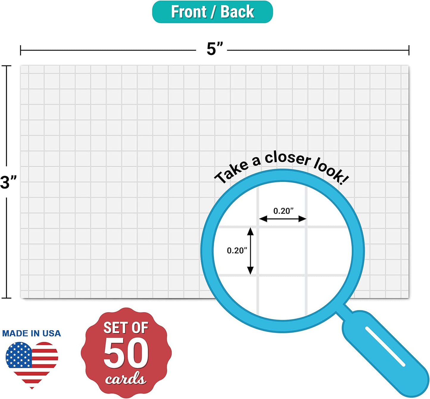 321Done Graph Ruled Index Cards (Set of 50) 3" x 5", Grid 0.20" Double-Sided, Thick Cardstock, Made in The USA, White