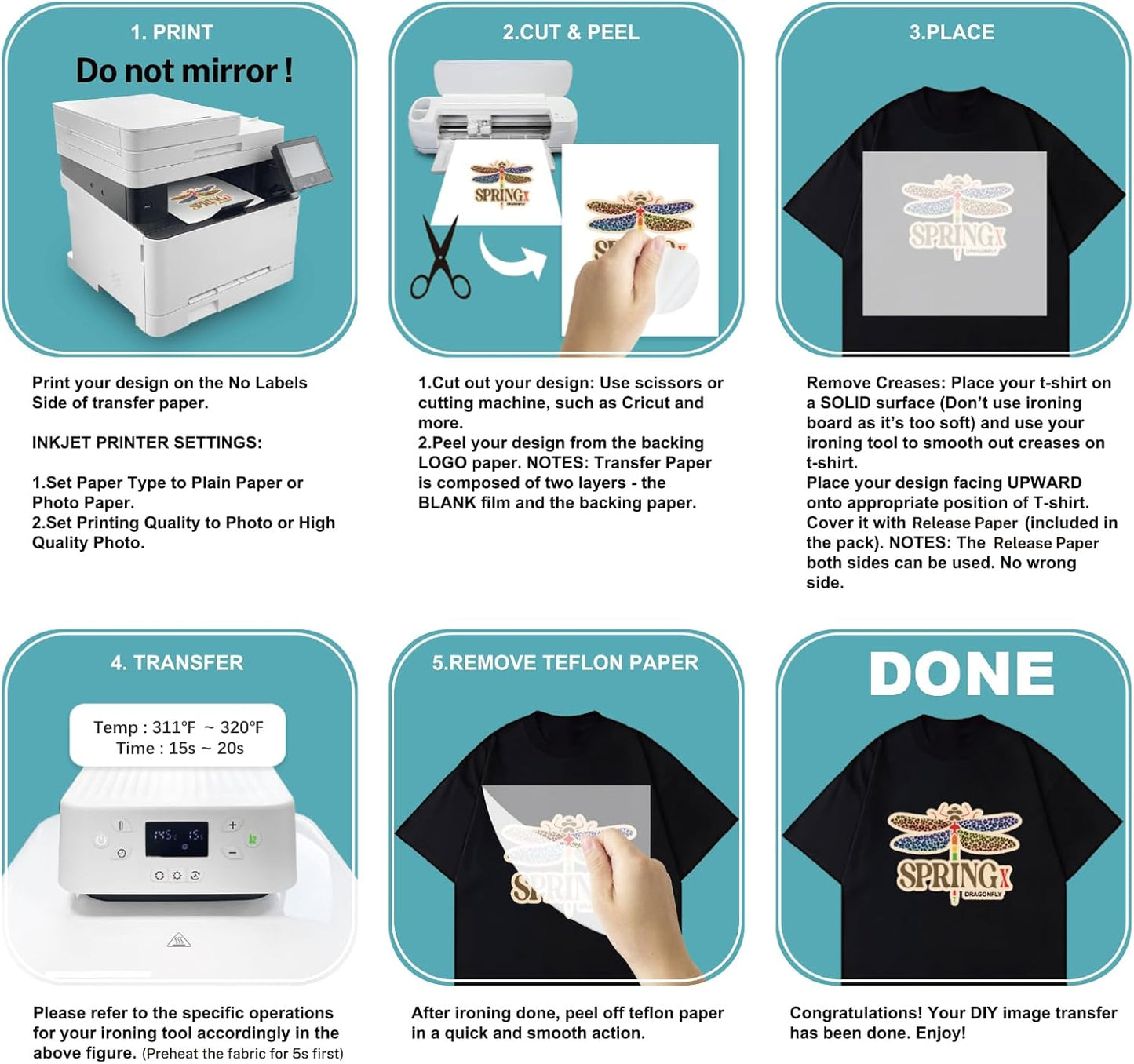 Iron on Heat Transfer Paper for T Shirts (8.5x11'', 20 Sheets) Iron-on Transfers Paper for Light Fabric Printable Heat Transfer Vinyl for Inkjet Printer (Dark Fabric, 20pcs)