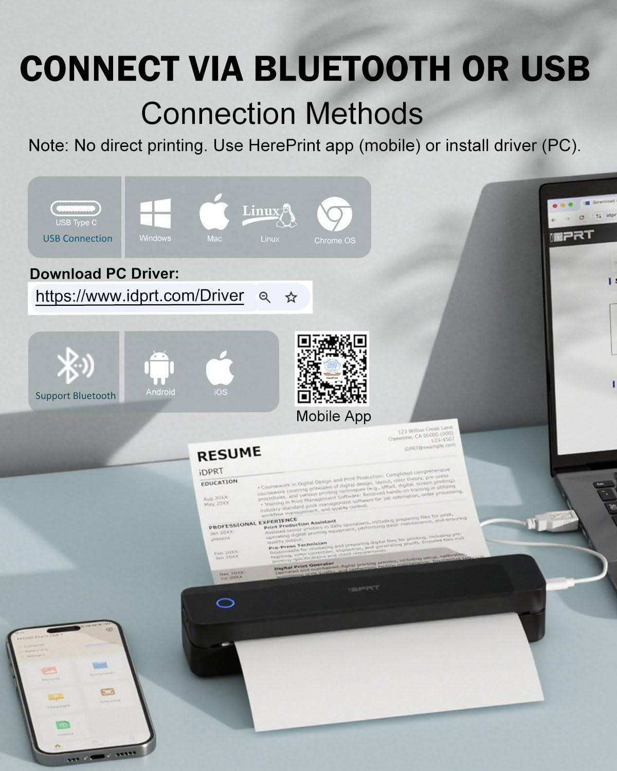 iDPRT Inkless Portable Printer for Travel, 300DPI Wireless Thermal Printer Support 8.5" x 11" US Letter, A4, Small Bluetooth Printers Compatible with iOS, Android Laptop for Home Office Car, Black