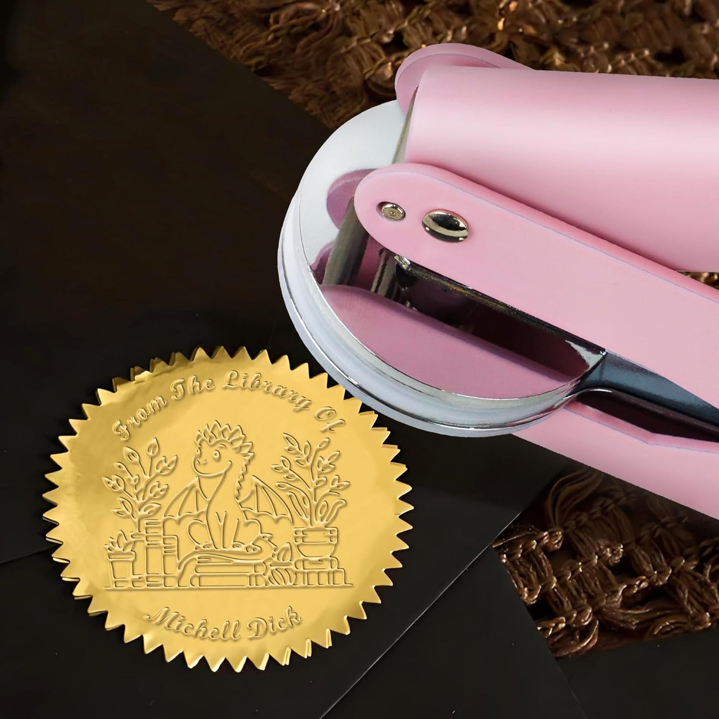 Book Embosser Custom Embosser Stamp with Your Name or Design Personalized Library Embosser Stamp Customized Books Business Cards Paper Documents Notebooks etc. (Dragon Theme - 05)