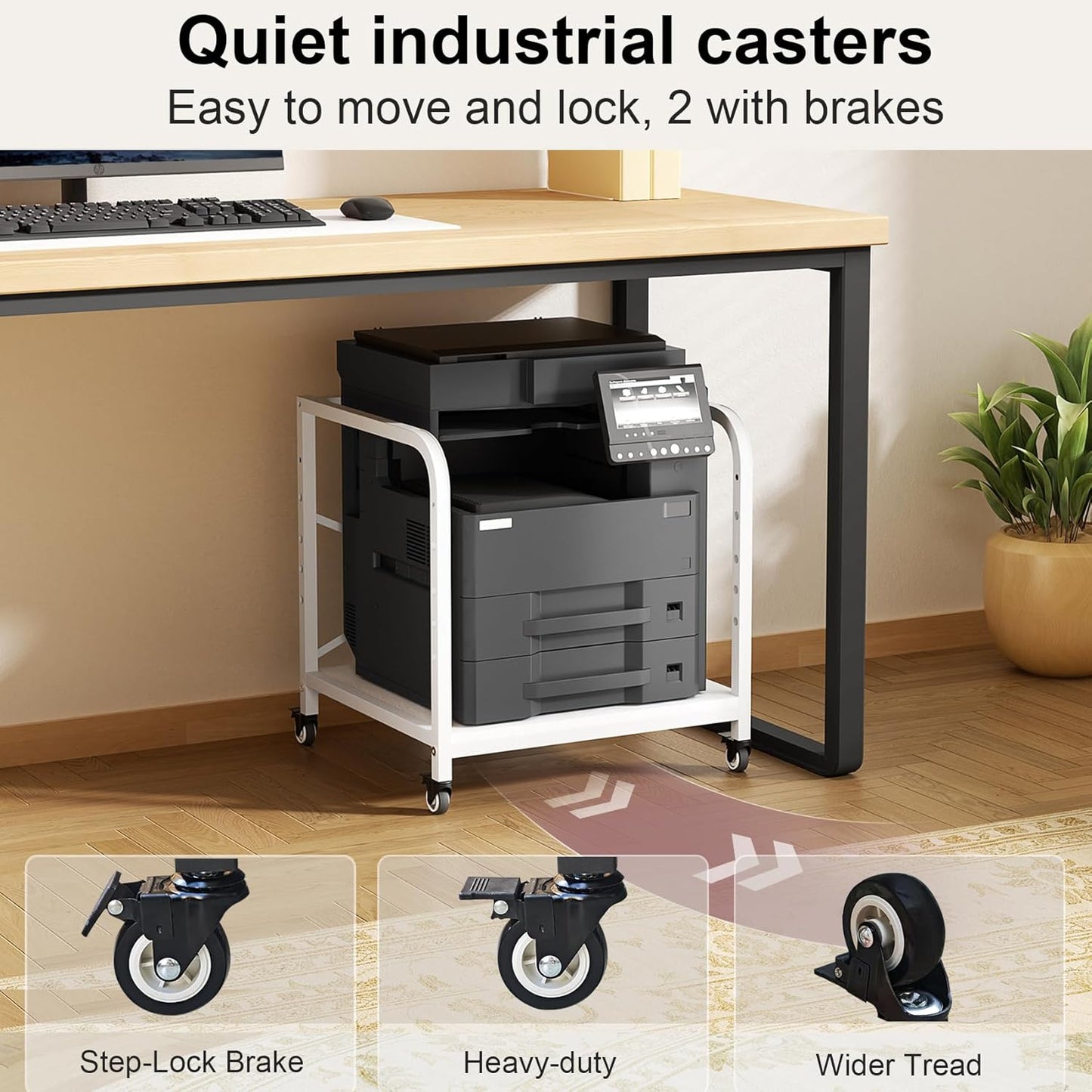 20 Inches Large Printer Stand, 2-Tier Under Desk Printer Table with Height Adjustable Shelf, Rolling Printer Cart with Industrial Wheels for Home Office (White)