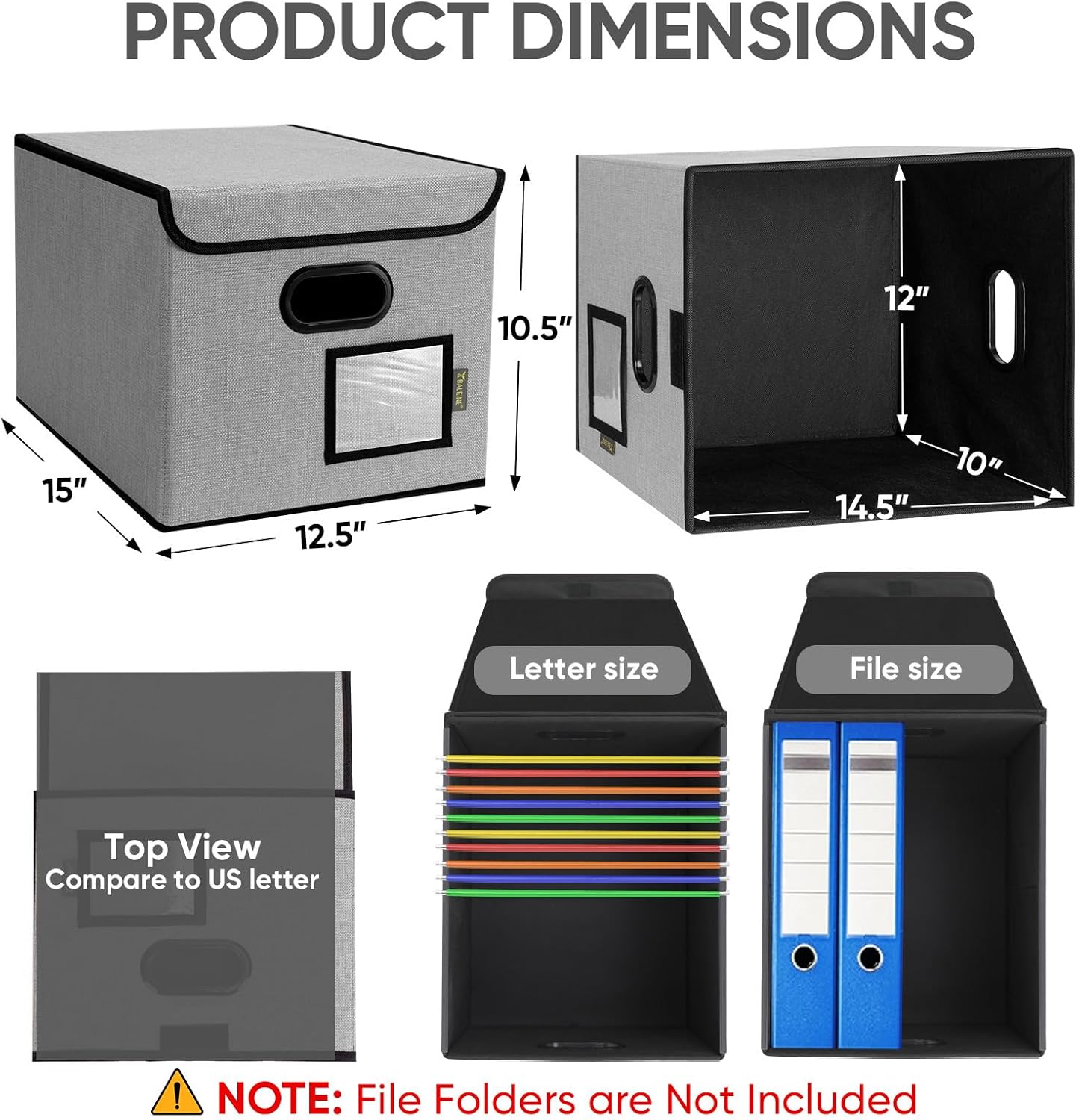 BALEINE File Organizer Box with Lid, Collapsible File Folder Organizer with Plastic Slide, Hanging File Folder Box for Office Document Storage (2 Pack, Grey)