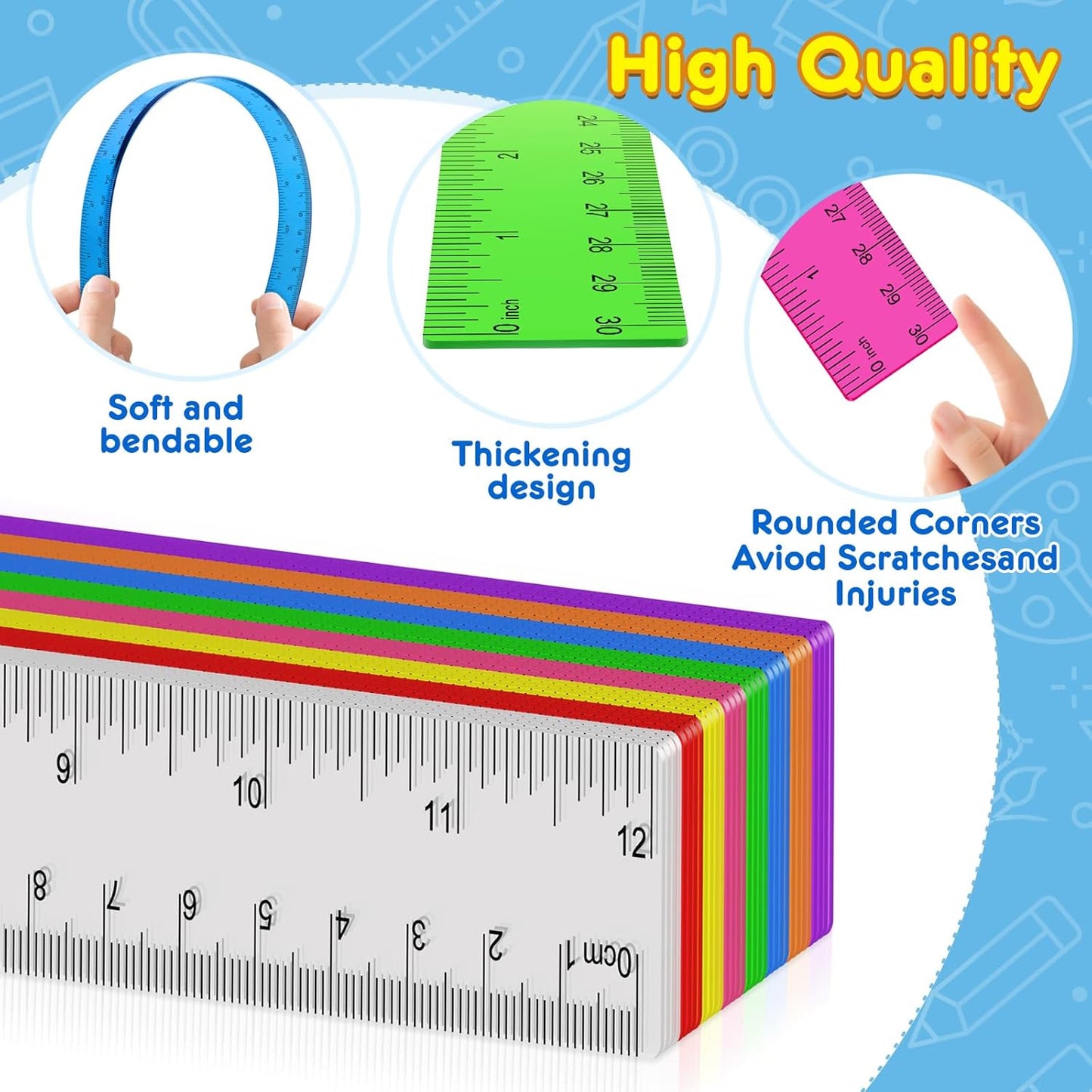 64 Pack Plastic Ruler 12 Inch in Bulk, Plastic Rulers in Assorted Colors, Clear Ruler with Inches and Centimeters, Transparent Rulers Bulk for Kids Back to School, Classroom, Office, Home Supplies