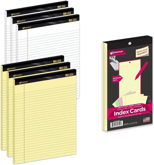 KAISA 20LB Legal Pads 8.5 x 11 6 Notepads Wide Ruled Yellow Pads White Pads 8-1/2"x11-3/4 Heavy Weight Paper Perforated Write Pads Sturdy Writing Tablets And Coloerd Tearable Index Cards 3x5