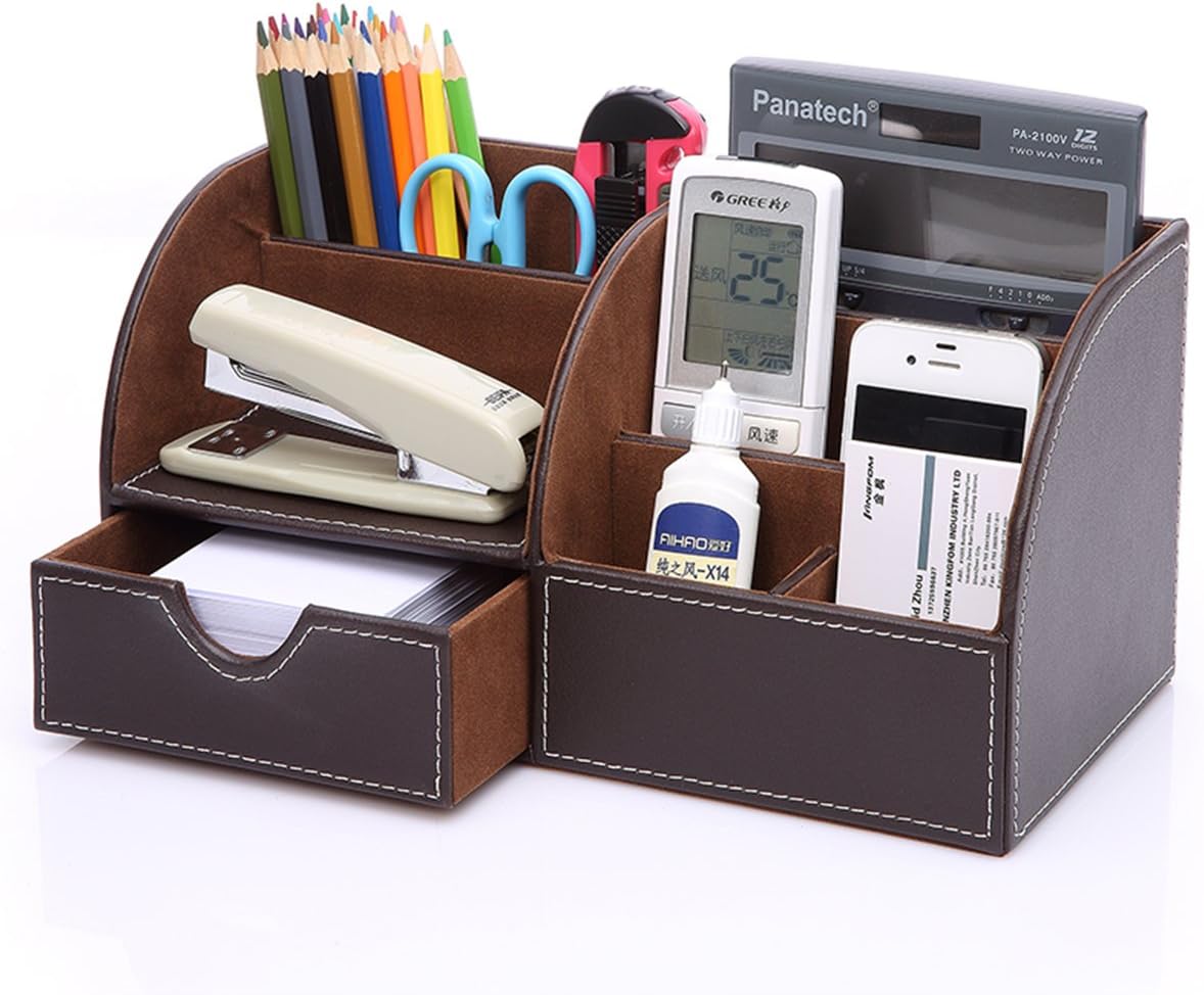 KINGFOM Pu Leather Desk Organizers and Accessories, 8 PCS/SET Office Supplies Organization with Magazine Files Holder, Stackable Paper Tray, Desktop Organizers with Drawer for Home Office School Brown