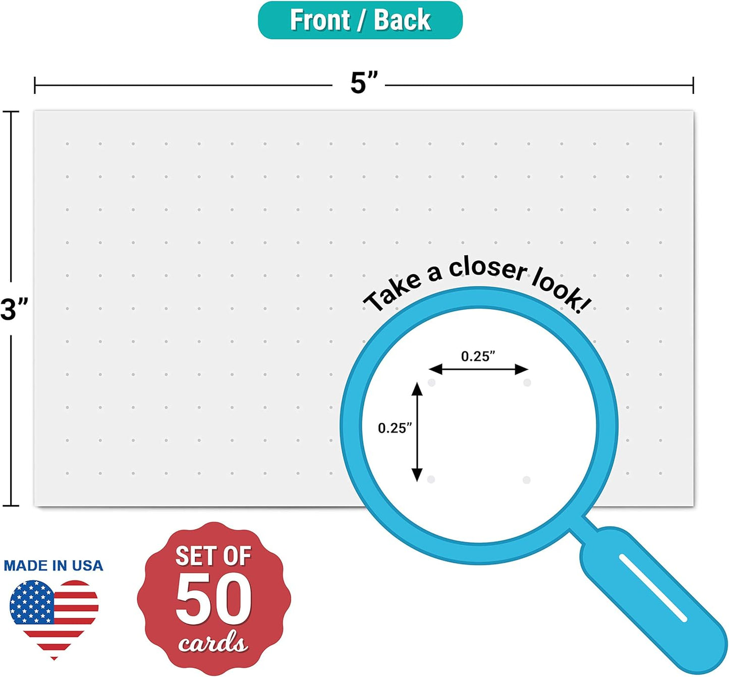 321Done Dot Grid Index Cards, Dot Pattern - Made in USA - Extra Small 3x5 (Set of 50) Dot Bullet 0.25 Double-Sided Journal Planning Graph Ruled Grids Thick Heavy Duty Cardstock, 1/4 inch, White