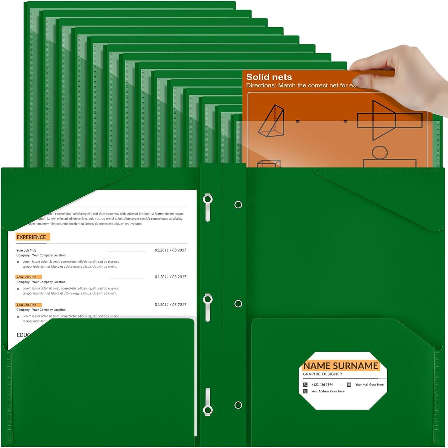 Henoyso 36 Pcs Plastic Folder with Clear Front Pocket and 3 Prong Plastic Folders with Card Slot Pocket Folders with Prongs for School Office (Dark Green)