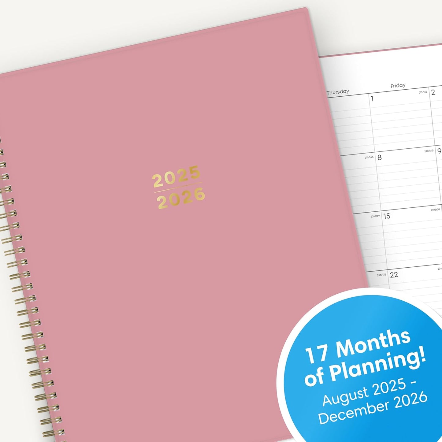 Blue Sky 17 Month 2025-2026 Weekly and Monthly Academic Year Planner Calendar, August 2025 - December 2026, 8.5" x 11", Flexible Cover, Wirebound, Laminated Tabs, Dusty Rose