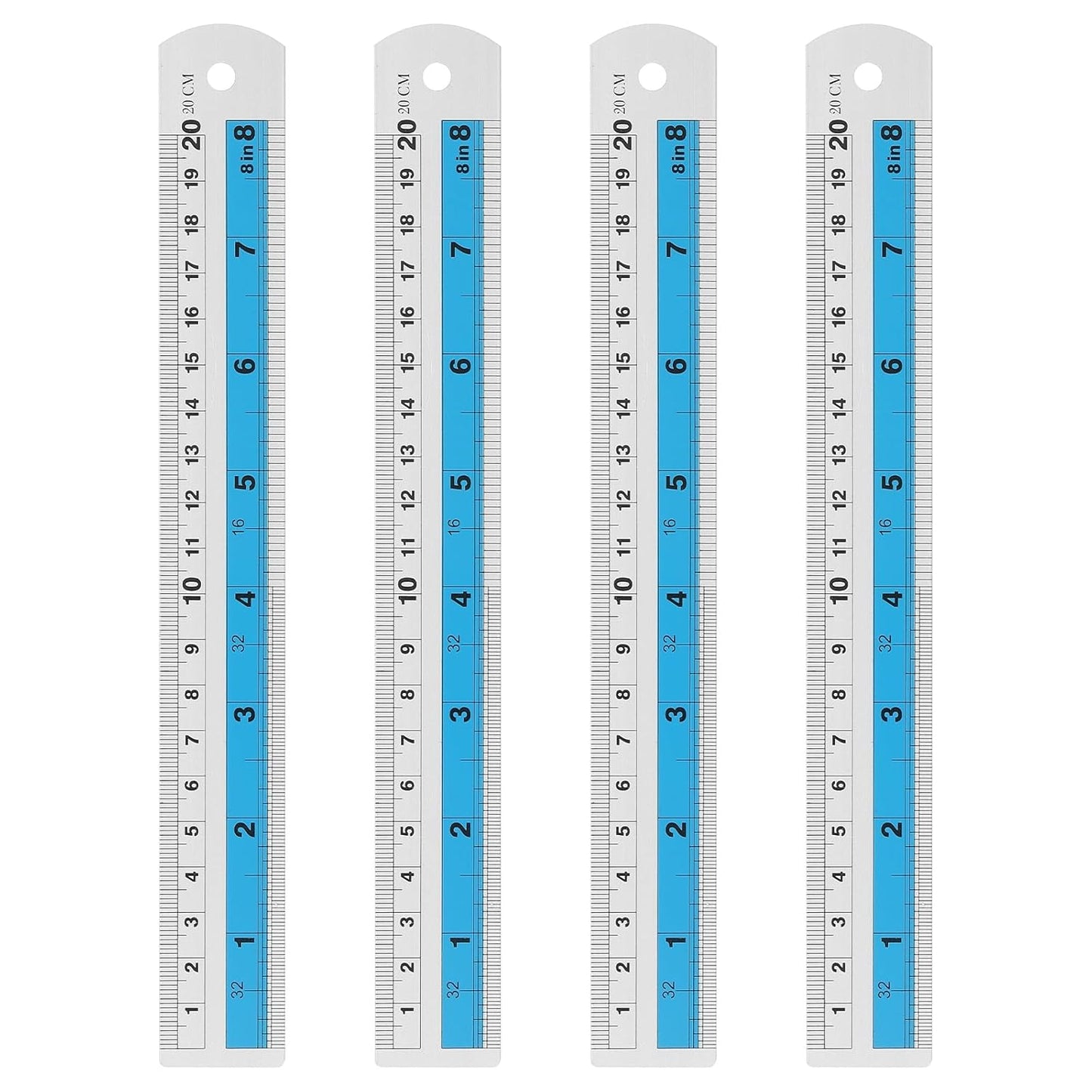 HARFINGTON 4pcs Metal Straight Ruler 20cm Metric SAE Aluminum Alloy Measuring Rulers Scale Tools with Hole for Measure Study Reading Classroom Office, Blue