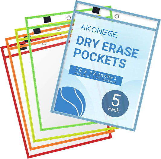 5 Pack Oversized Dry Erase Pocket Sleeves - 10 x 13 Inch Ticket Holders Reusable Clear Plastic Sleeves Sheet Page Protectors for School Teacher Supplies & Classroom Organization, 5 Colors