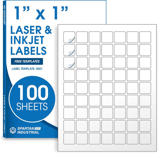 1" X 1" Square Printable Labels Compatible with Inkjet and Laser Printers - 100 Sheets, 6300 Matte White Paper Stickers for QR Codes, Barcodes, and Price Tags - Spartan Industrial