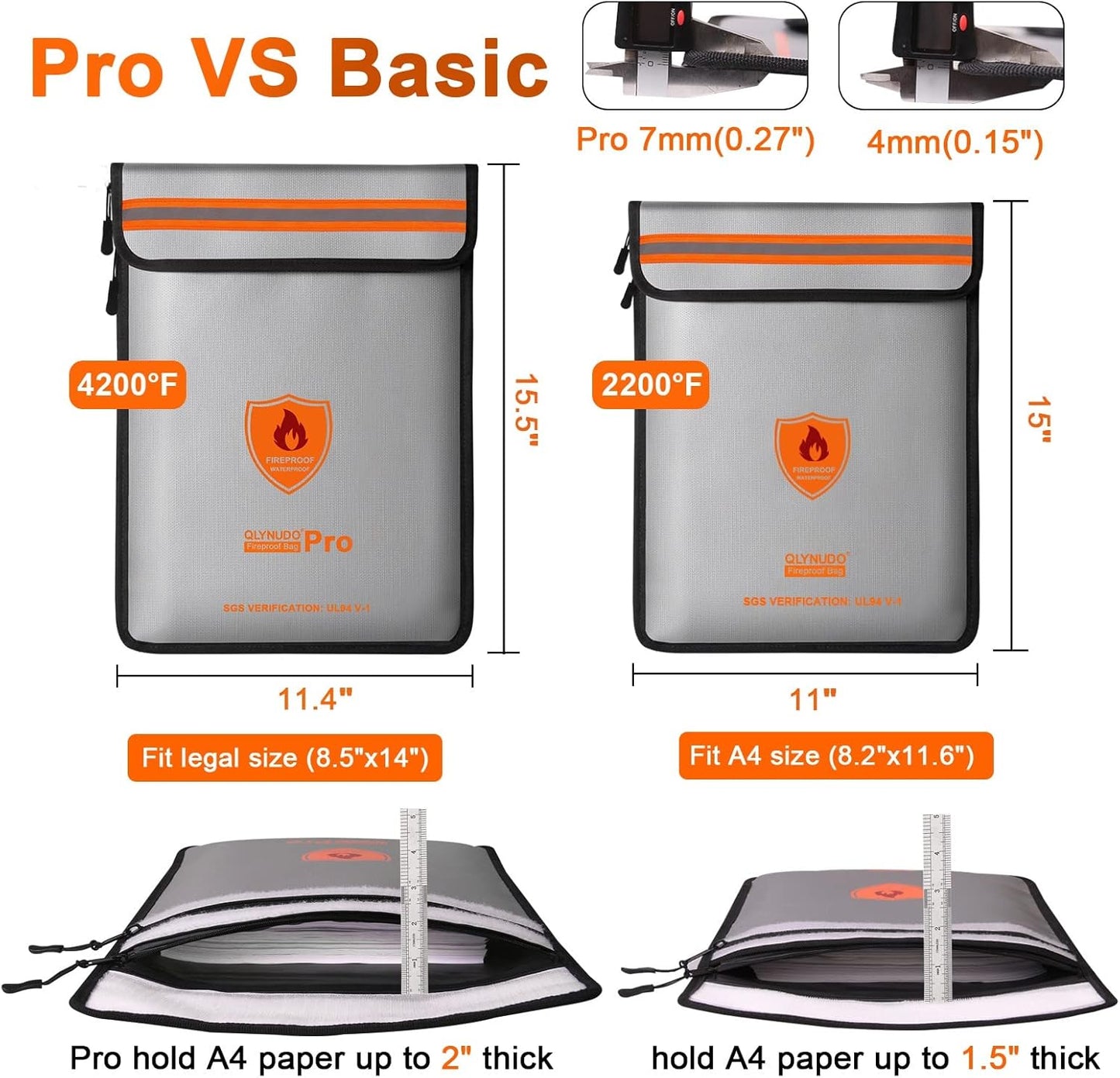 4200℉ Fireproof Document Bag, Important Waterproof Document Holder with Thermal Insulation Layer, Legal Size Fireproof Envelope with Zipper/Reflective Strip