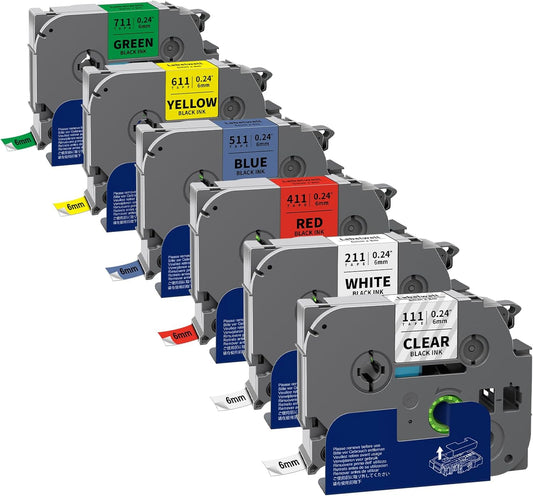 6-Pack TZe TZ Tape 6mm 0.23 Inch Laminated Multi Color Compatible for P Touch Label Tape TZe-211 111 411 511 611 for PTouch PT-H110 D210 D220 D400, Clear/White/Red/Blue/Yellow/Green