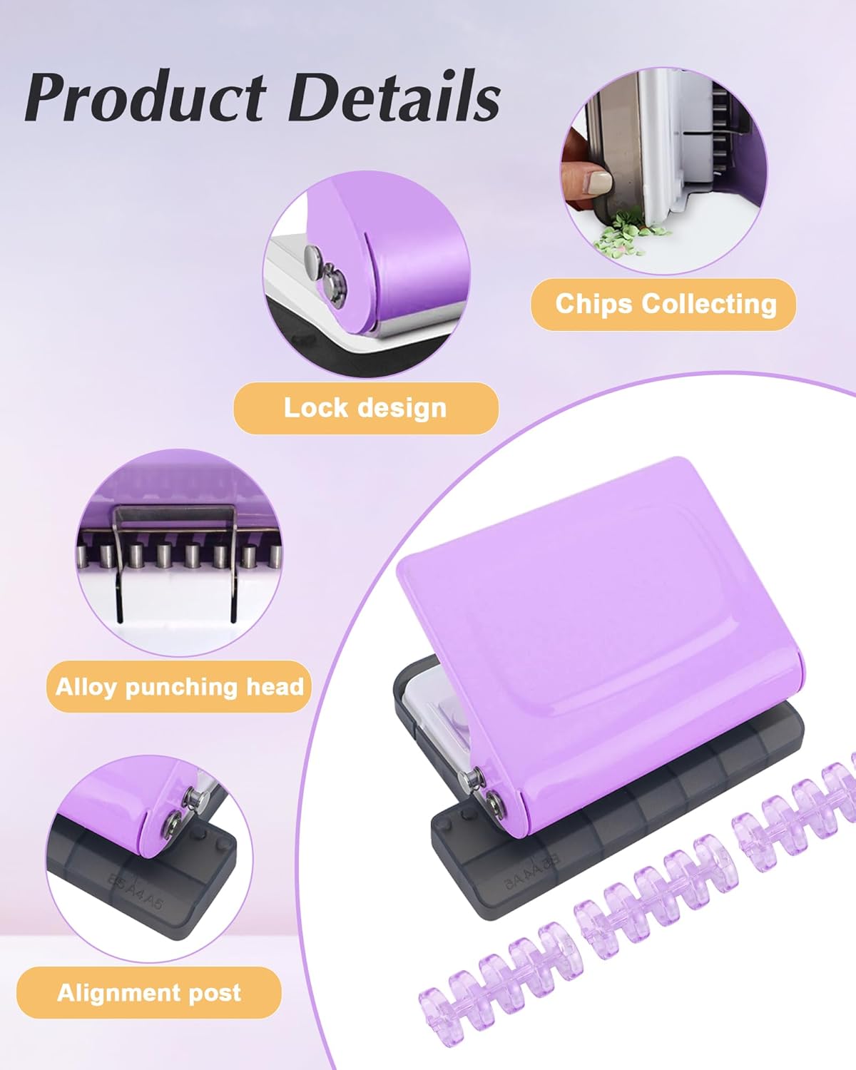 10 Hole Punch Binding Machine for Planners,Paper Puncher with Binder Rings,Punches Holes on B5,A4,A5 Paper,Metal Manual Binding System,Handheld Metal Circle Paper Puncher for Home Office Study,Purple