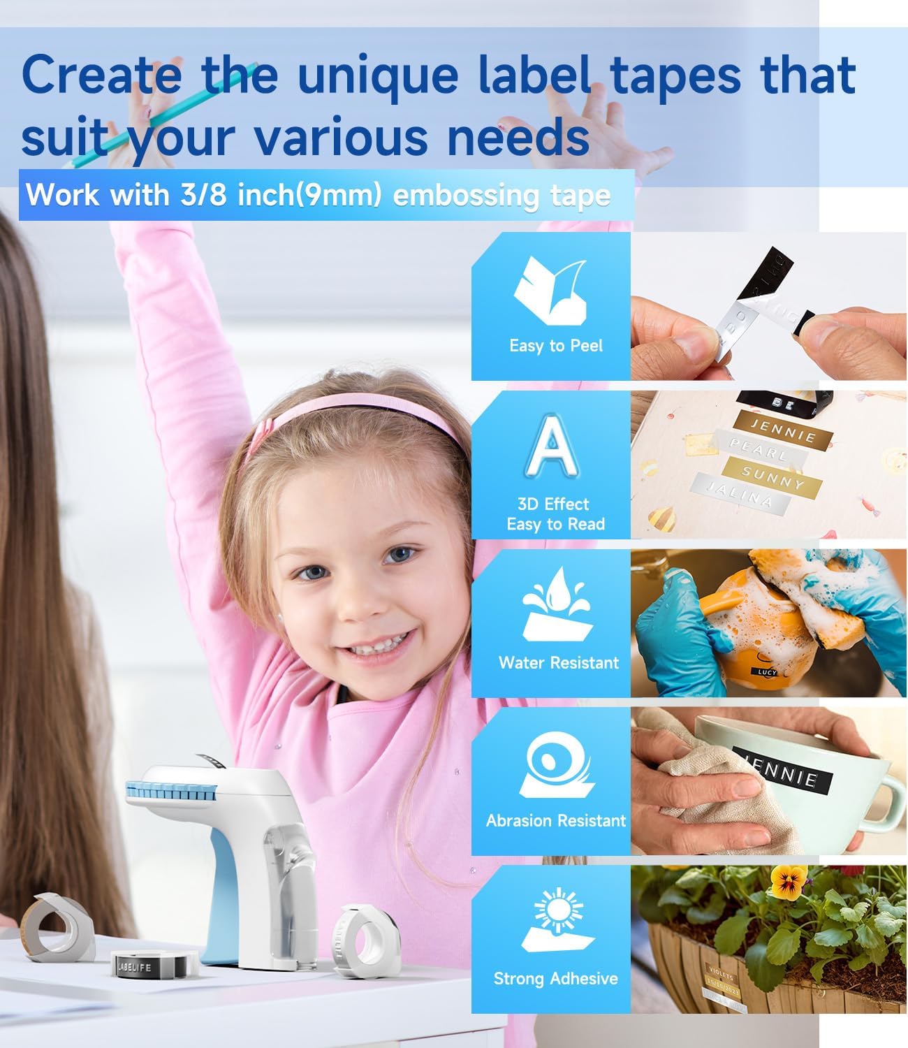 Labelife Embossing Label Maker Machine with Tapes,Omega S Vintage Embossed Label Maker,Retro Embossing Machine with 3 Rolls 3D Embossing Label Tapes Waterproof for Home Office Kids DIY Crafting, Blue