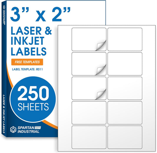 3" X 2" Matte White Shipping Labels Compatible with Inkjet and Laser Printers - 250 Sheets, 2500 Total Paper Stickers for Mailing, Product Labeling, and Organization - Spartan Industrial
