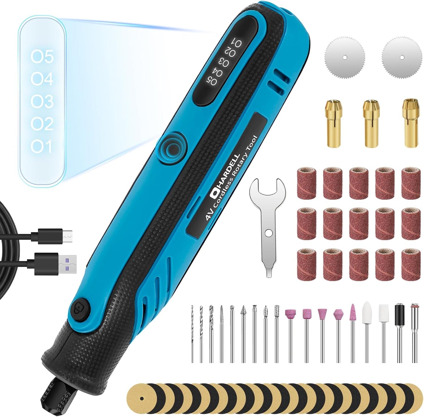 HARDELL Mini Cordless Rotary Tool, 4V Rotary Tool con 5 Speed Display with Type-C Charging, Power Rotary Tool with 69 Accessories for Sanding, Grinding, Engraving, Polishing, Drilling, Cutting, DIY