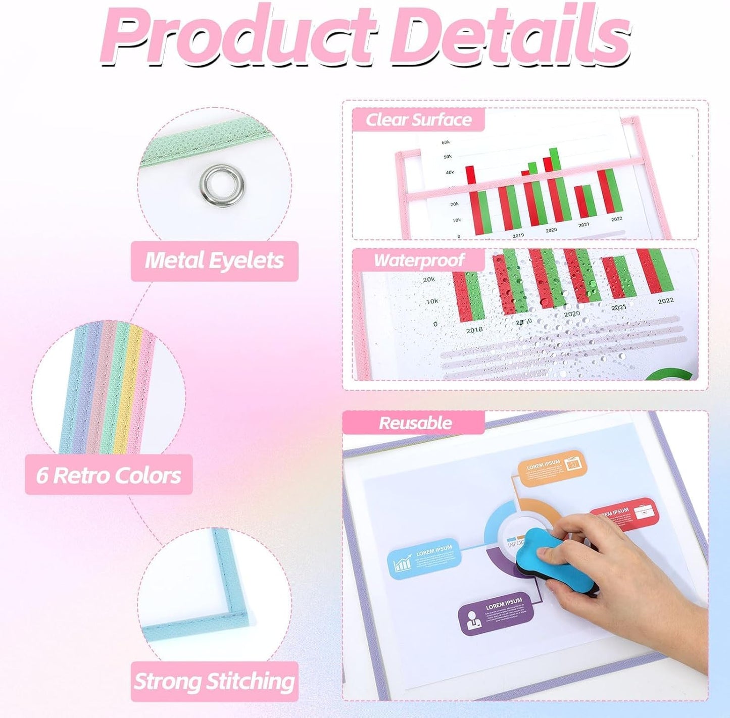 12 Pack Dry Erase Pockets 6 Assorted Colors 8.5 x 11 Inch Clear Plastic Sheet Protectors Dry Erase Pocket Sleeves Teacher School Office Supplies (Pastel)