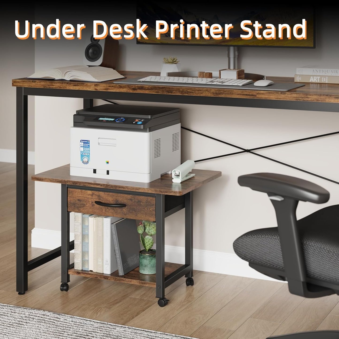 22"x15" Large Printer Stand with Storage Drawer, 2-Tier Under Desk Printer Table for Home Office, Printer Cart fit Fax Machine/3D Printer/Scanner(Brown)