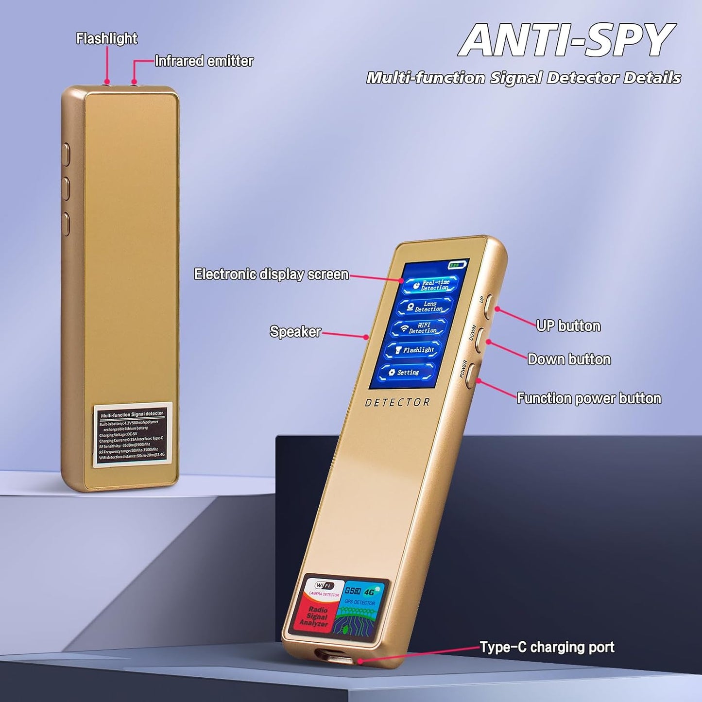 Hidden Bug Camera Detector,GPS Tracker RF Signal Scanner Listening Devices Finder Wireless for Travel,Car, Bathroom,Office, Hotel (Golden)