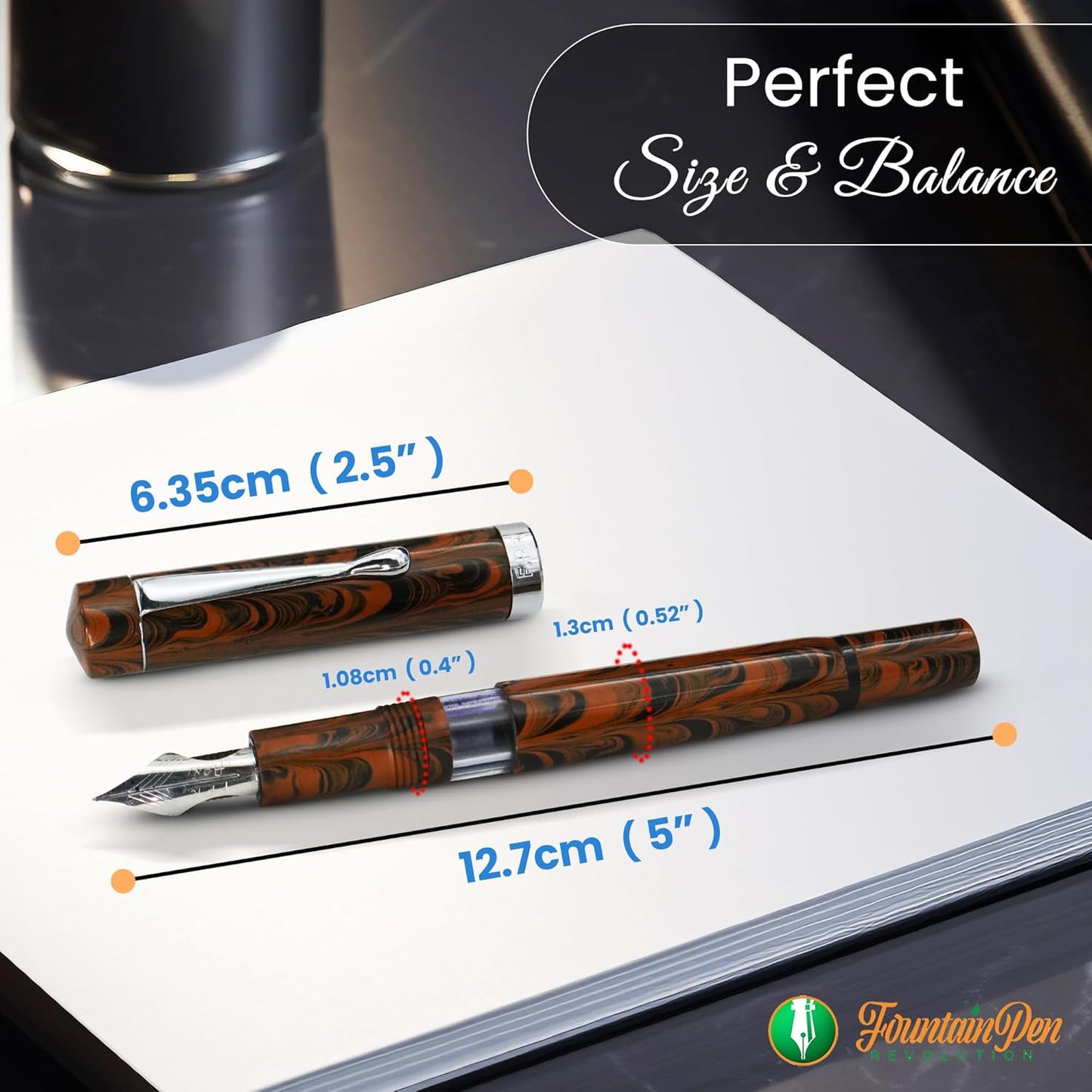 Jaipur V2 Piston Filled Refillable Fountain Pen - Brown Ultra Flex Cursive Pen w/Stainless Steel Nib - Luxury Pens w/Acrylic Body & Ebonite Feed - Fountain Pens for Journaling & Calligraphy