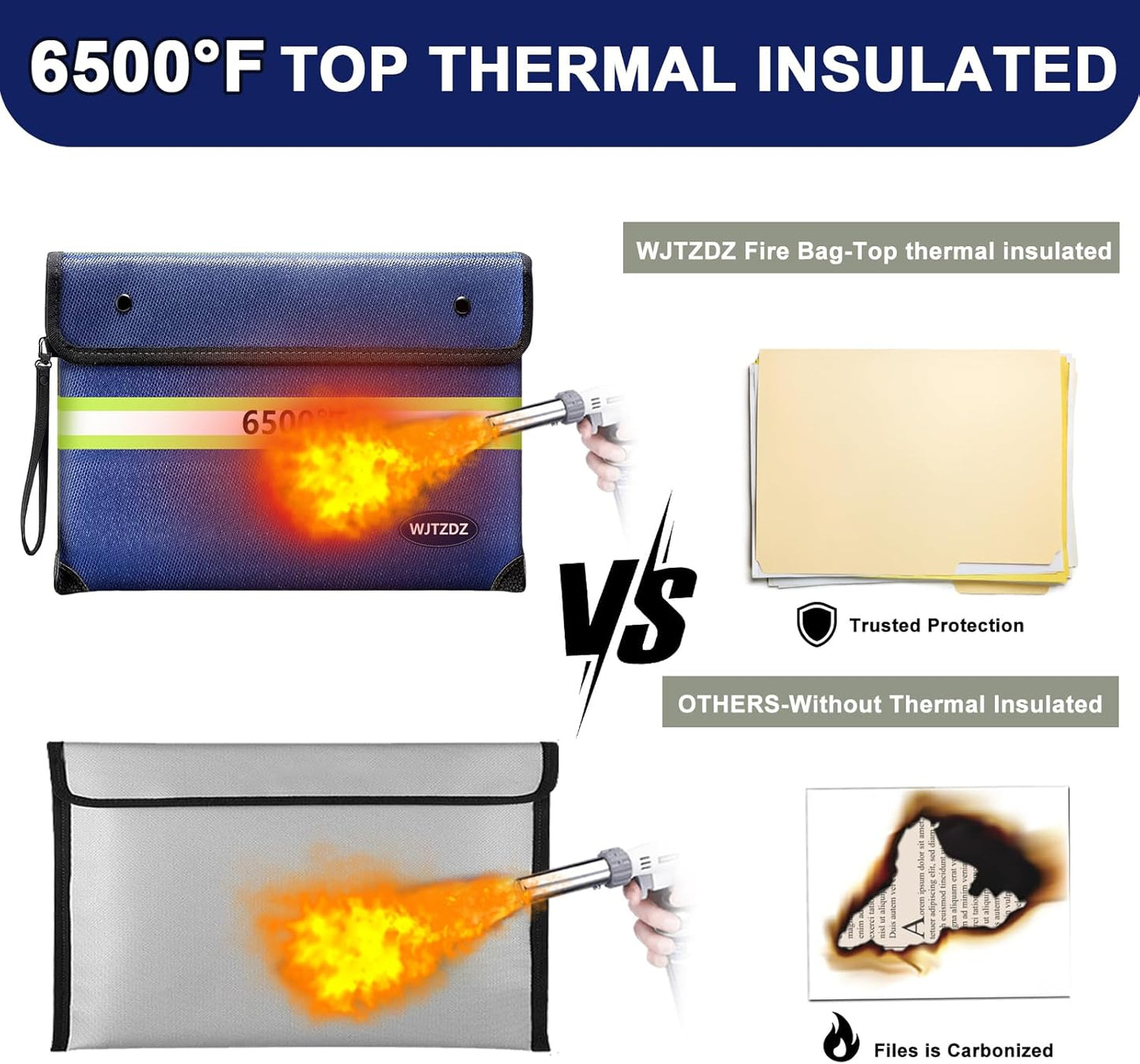 6500°F Fireproof Document Bag,Upgraded Fireproof/Waterproof Money Bag with Zipper/Reflective Strip,Storage Pouch for A4 Letter Size Document,Cash,Cell Phone,Passport