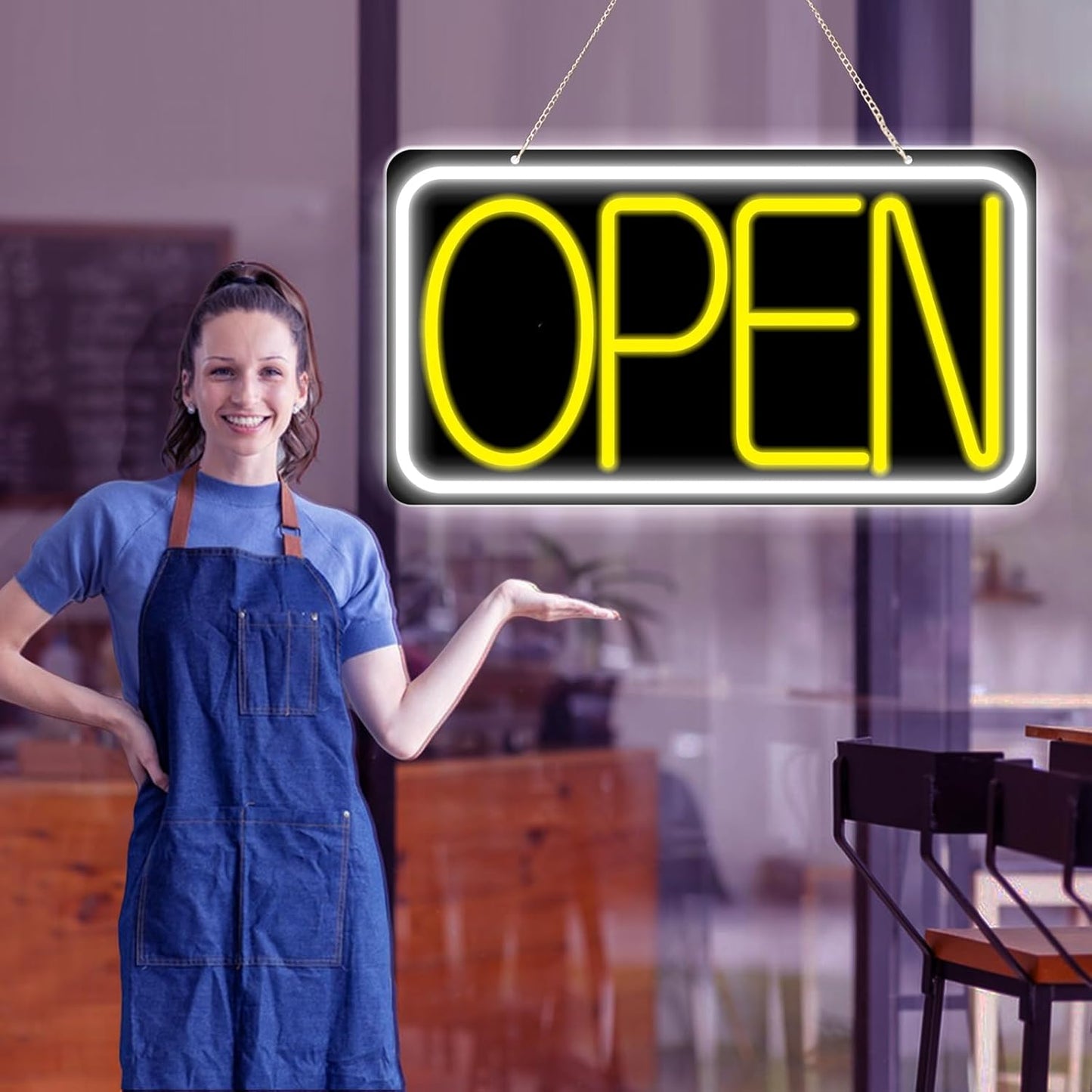 16.5" X 9" Led Neon Open Signs for Business Ultra Bright Plug In Electric Light Up Open Signs with ON/OFF Switch and 12V/2A AC Adapter for Storefront Window Bar Salon Coffee Stores (White/Yellow)