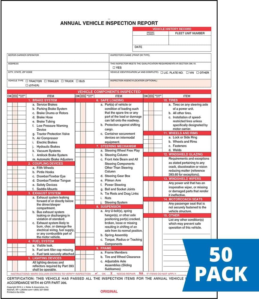 J. J. Keller Annual Vehicle Inspection Report Form 50-pk. - Snap-Out Format, 3-Ply, Carbonless, 8.5" x 11.75" - Meet DOT AVIR Requirements Under 49 CFR 396.21