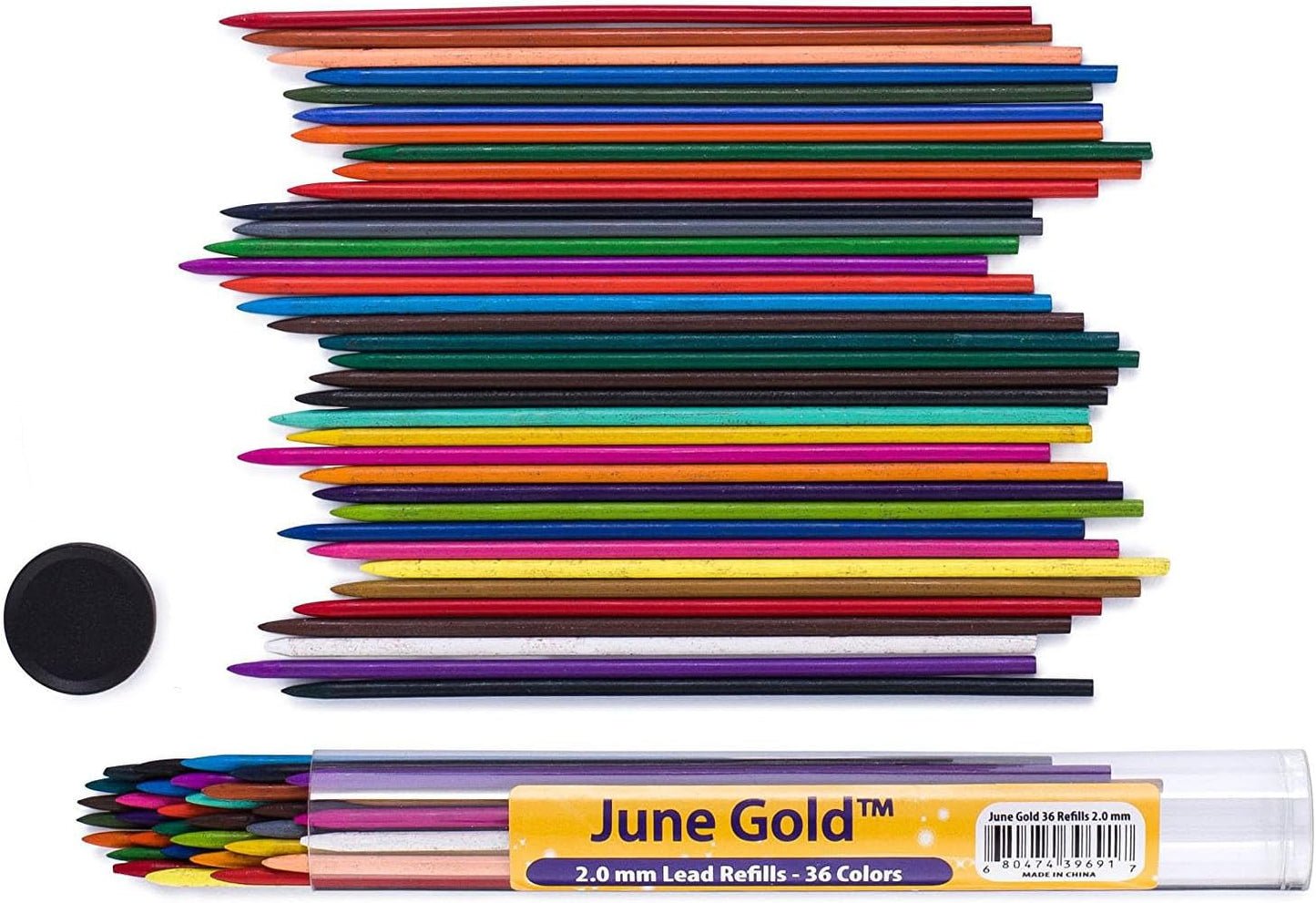 June Gold 36 Assorted Colored 2.0 mm Mechanical Pencils with 36 Unique Color Leads, 36 Extra Refills, 2 Independent Sharpeners, Color Name is Printed on Each Pencil Barrel, Built in Rear Sharpener