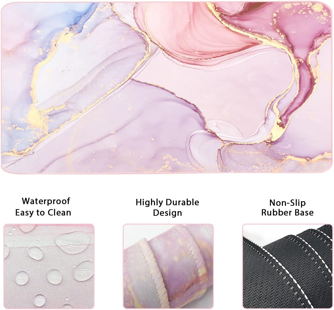 Keyboard Mouse Pad Set, Extended Mouse Pad+Keyboard Wrist Rest Support, Memory Foam Ergonomic Easy Typing, 3Pcs (35.4×15.7 in) Desk Pad Set for Home Office Study Game- Pink Marble