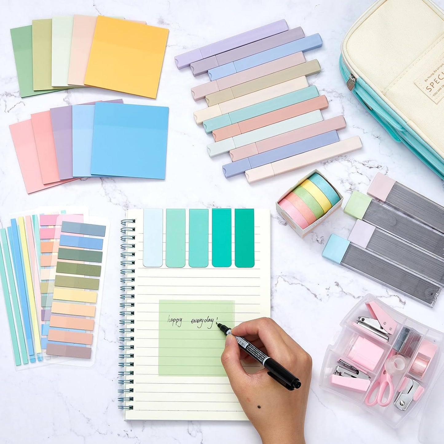 60 Pcs Aesthetic Book Annotation Kit School Supplies Cute Pencil Case with Highlighter Gel Pen Mechanical Pencil Magnetic Bookmarks Transparent Sticky Note Tabs Student Stationary(Mint Green)