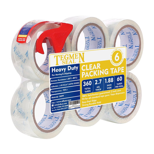 Heavy Duty Clear Packing Tape with Dispenser Combo for Shipping, Moving & Storage,Thicker Clear Packing Tape, 1.88 inches Wide, 60 Yards Per Roll, 6 Pack 360 Total Yards