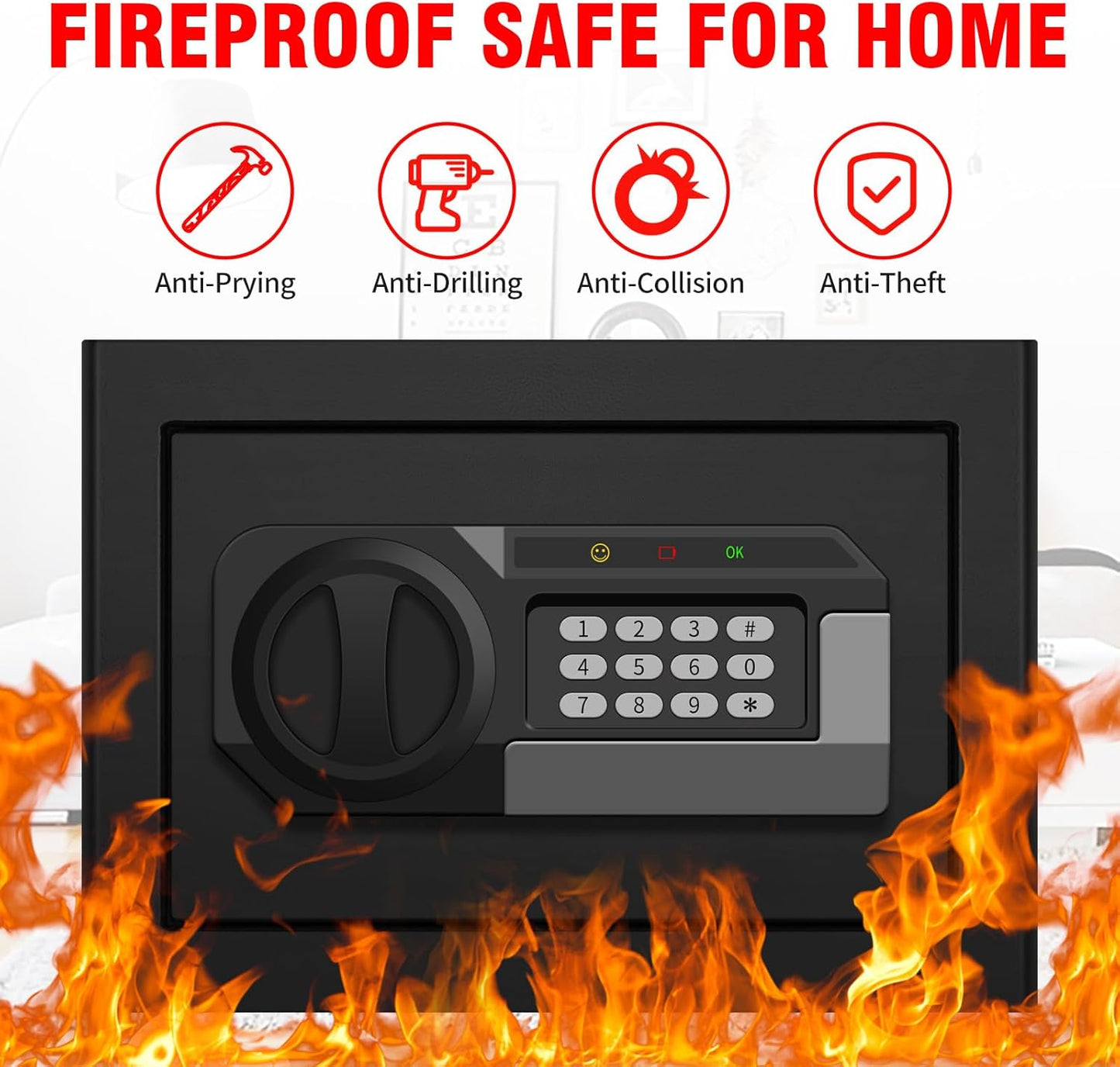 1.2 Cubic Feet Small Fire Safe Box for Home, Fireproof Lock Box, Security Money Safe with Digital Keypad, Spare Keys and Removable Shelf, Personal Home Safes for Money, Jewelry, ID Documents