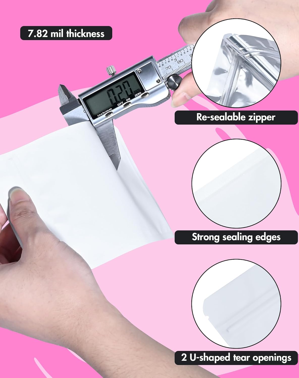 100 Pack Resealable Packaging Bags for Small Business Double-Sided Color Smell Proof Bags for Food Storage Flat Bags (White, 2.7" x 3.8")