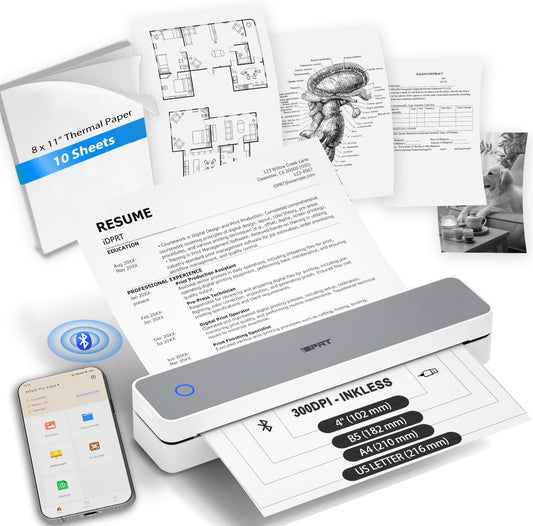iDPRT Inkless Portable Printer for Travel, 300DPI Wireless Thermal Printer Support 8.5" x 11" US Letter, A4, Small Bluetooth Printers Compatible with iOS, Android Laptop for Home Office Car, Grey