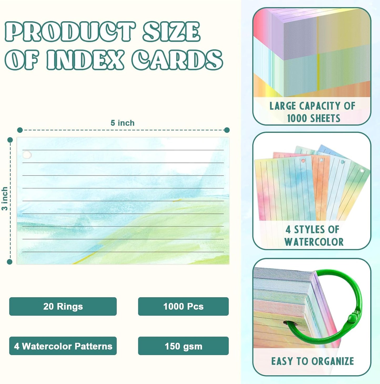 1000 PCS Colored Index Cards with Hole Lined Flash Cards with Binder Rings Watercolor Notecards with Rings 3x5 Study Cards Flashcards for Home School Office Supplies