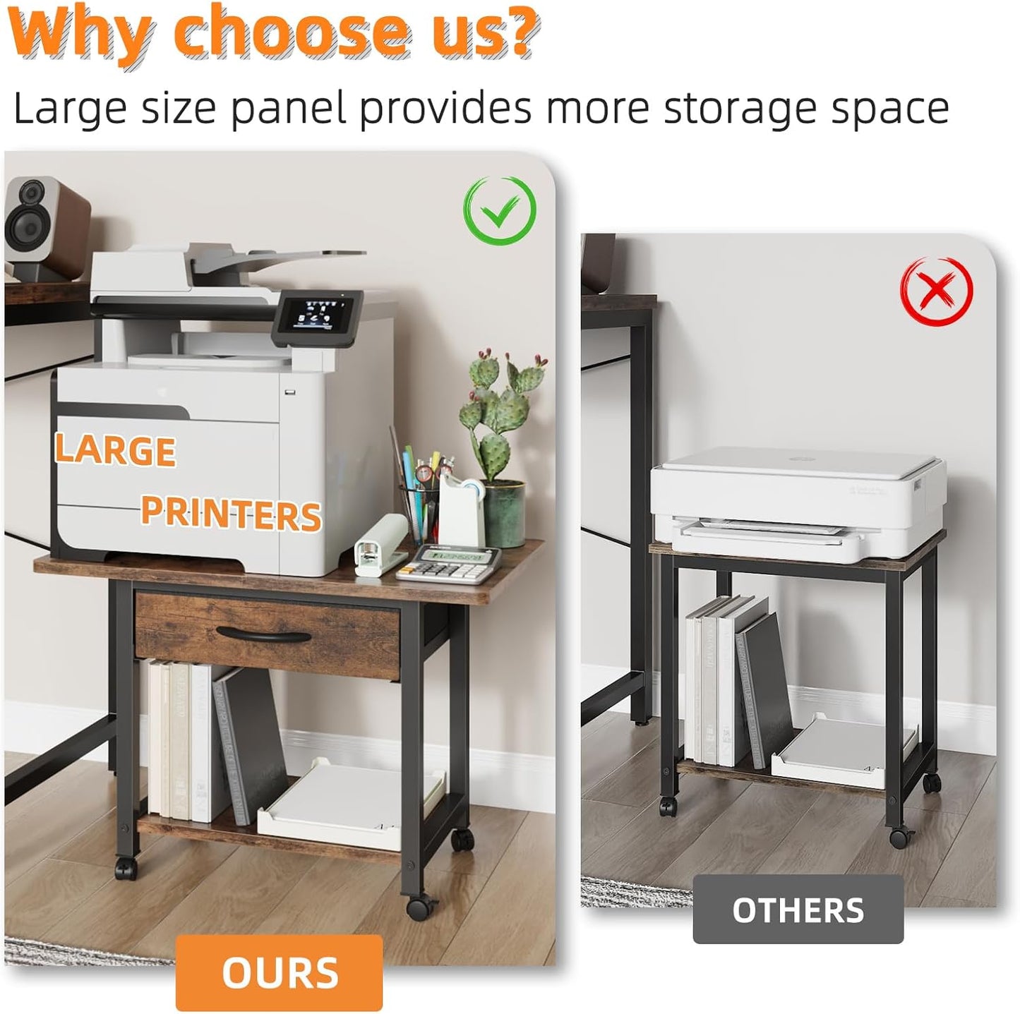 22"x15" Large Printer Stand with Storage Drawer, 2-Tier Under Desk Printer Table for Home Office, Printer Cart fit Fax Machine/3D Printer/Scanner(Brown)