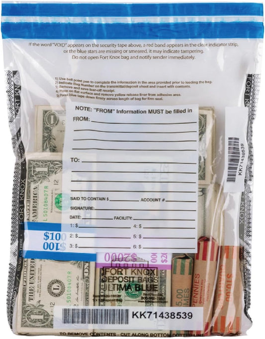 BankSupplies Ultima Blue Tamper-Evident Clear Deposit Bags 9W x 12H Pack of 100 with Advanced Security Detection Features