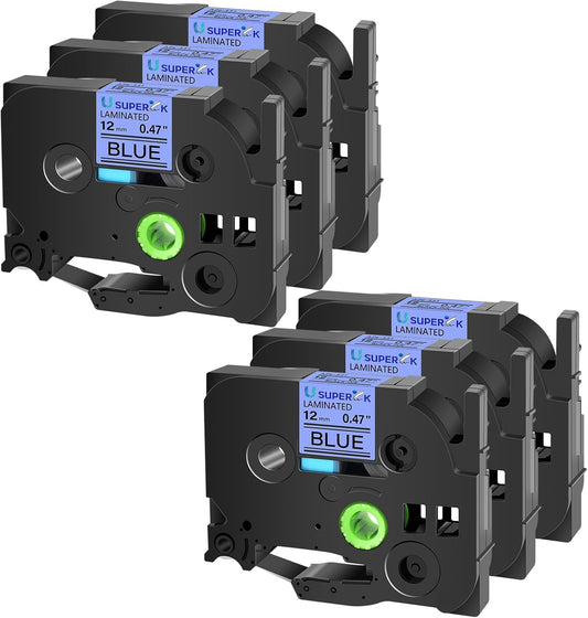 6PK TZe-531 12mm 0.47 Laminated Blue Tape Compatible for Brother P-Touch Label Maker Tape TZ-531 TZe TZ Label Tape TZe531 TZ531 Black on Blue for PT-D210 D220 H110 D200 D400 D600 H100