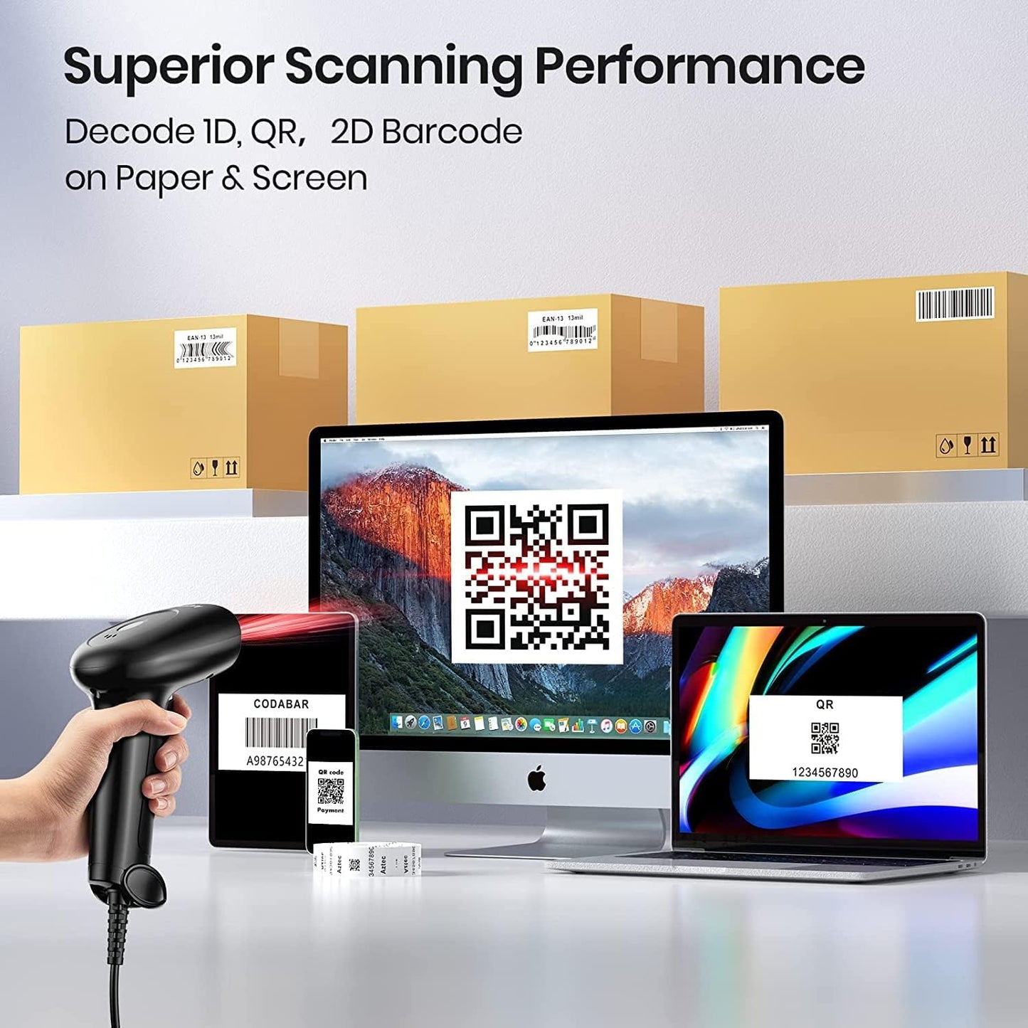 Barcode Scanner with Stand, USB Wired Inventory 2D 1D QR Code Scanner for Computer POS MAC with Automatic Screen Scanning, Handheld CMOS Image Bar Code Reader for Warehouse Library Supermarket