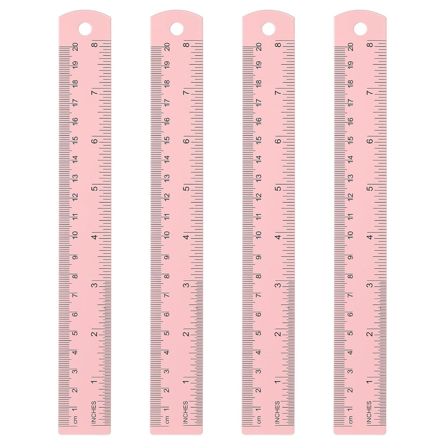 HARFINGTON 4pcs Metal Straight Ruler 20cm Metric SAE Aluminum Alloy Measuring Rulers Scale Tool with Hole for Measure Study Reading Classroom Office, Pink