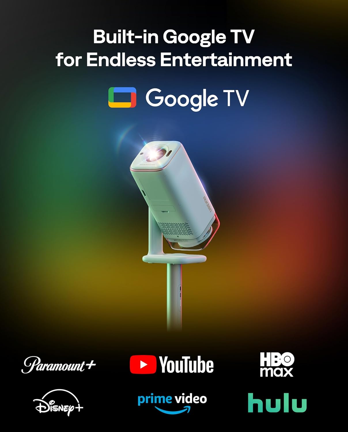 Aurzen BOOM Air Google TV Portable Projector with WiFi and Bluetooth, USB-C Powered, Smart Projector for Outdoor & Home Movie, 4K Supported, Real-Time Focus, Dolby Audio, Adjustable Stand, Off-White