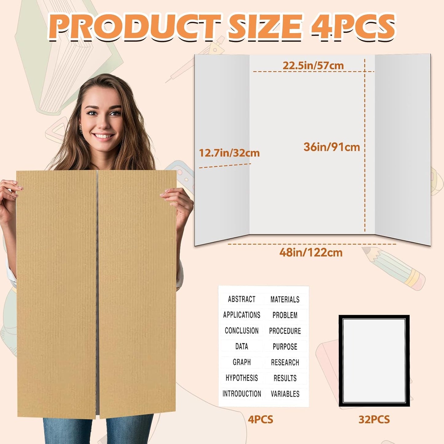 4 Pack 36"x48" Large Trifold Poster Display Board with Headers,White Foldable Presentation Paper Board with 4 Science Subtitles and 32 Self-Adhesive for School Science Business Project Display